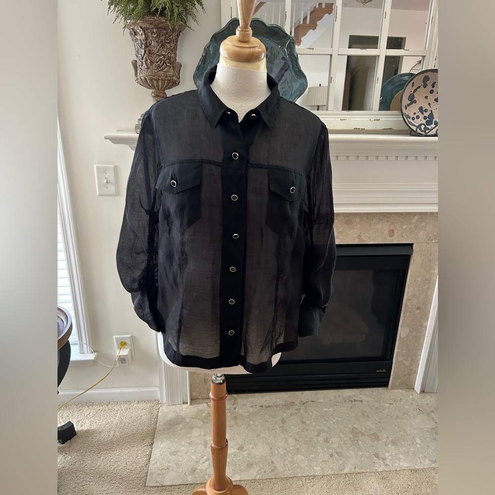 Anthropologie/Nic & Zoe Black Sheer Button Front Blouse